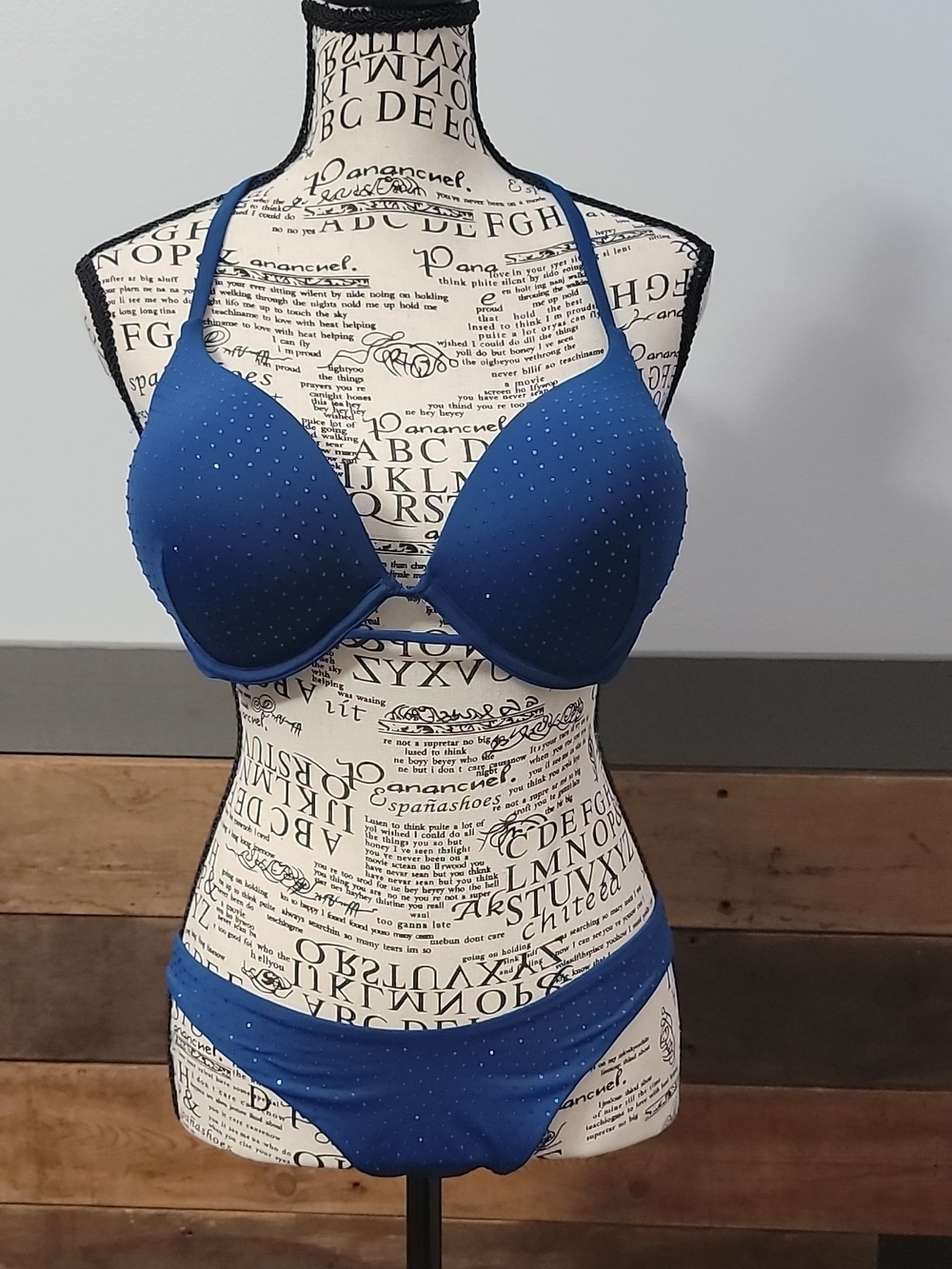 Victoria's Secret Royal Blue Rhinestone Bikini Top 36D And Cheeky Bottom Small